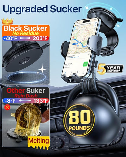 HTU Upgraded Strongest Suction Car Phone Holder Bendable Arm, Never Block View Rotatable Cellphone Mount for Dashboard Windshield Vent, Cradle Stand for iPhone 16 15 14 13 12 Pro Max (Grape Purple)