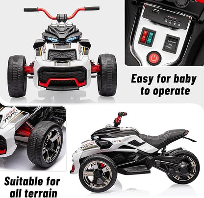 12V Kids Electric Ride-On Car with Parent Remote Control, 7MPH, 2 Speeds, 2x55W Motor, LED Lights, Music, USB & EVA Tires, 3 Wheel Battery Powered Toy Vehicle for Toddlers