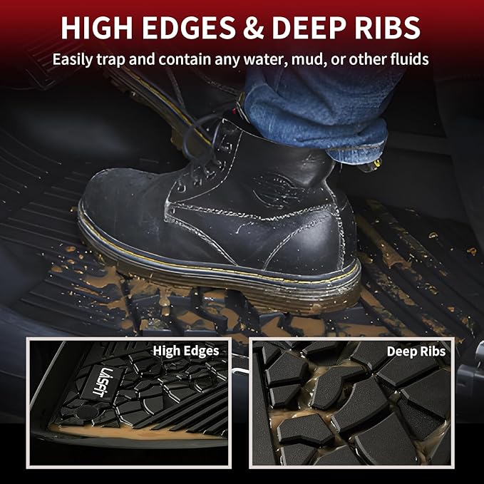 LASFIT Floor Mats for Jeep Wrangler JL 2018-2025 Unlimited 4 Door Gas/MHEV Type (Not Fit for JK or PHEV) All Weather TPE Custom Fit Car Mats Floor Liners 1st & 2nd Row, Black