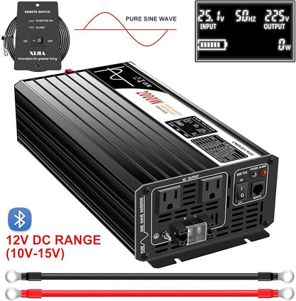 Xijia 2000W Pure sine Wave Power Inverter (Peak Power 4000W) dc 12v to 110v/120V ac 60HZ LCD-Display Bluetooth Remote Control,2 AC Outlets for RV, Camping, Boat,Outdoor