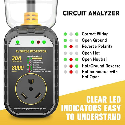 GEARGO RV Surge Protectors 30 Amp RV Circuit Analyzer, [2025 New Upgraded], IP68 Surge Voltage Protection, RV Adapter Plug for Camper(Yellow)