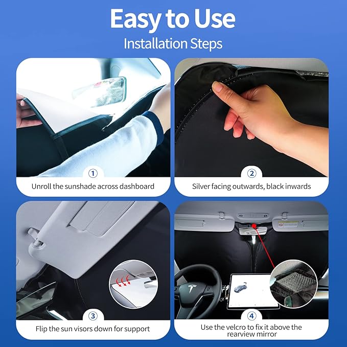 Upgraded Sunshade for Tesla Model 3/Y Windshield, Improved UV Protection Fabric, Metal Frame, Full-Size Foldable Front Sun Shade, Professional Accessories for Tesla Model 3/Y 2016 to 2025