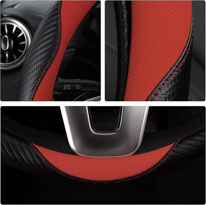 Car Steering Wheel Covers for Women Girl Padded Carbon Fiber PU Leather Cute Cartoon Auto Interior Accessories for Jeep, Truck, Universal, Anti Slip, Red, Large Size 15.5-16"(39-41cm)