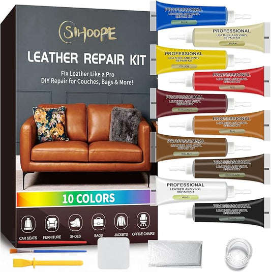 Leather Repair Kit,Car Seats, Sofa,Jacket & Purse - Repairs Burn Holes,Scratches,Tears - Restores Faux,Vinyl,Artificial and Real Leather (Ten Colors)