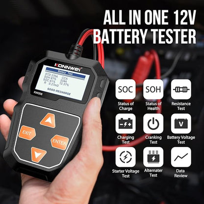 KONNWEI KW208 12V Car Battery Tester, 100-2000 CCA Load Tester Automotive Alternator Tester Digital Auto Battery Analyzer Charging Cranking System Tester for Truck Marine Motorcycle SUV Boat