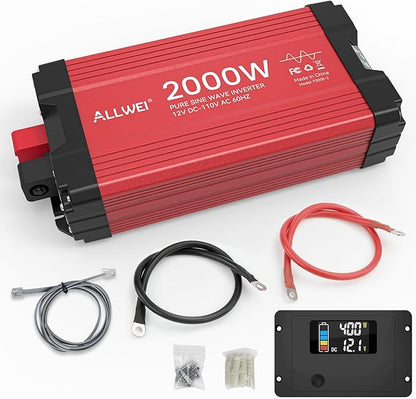 ALLWEI 2000W Pure Sine Wave Inverter 12V DC to 110V AC Converter, Surge 4000W, 2 AC Sockets, LCD Display, Power Inverters for Vehicles, RV, Truck, Home, Solar & Off-Grid Inverter, Remote Controller