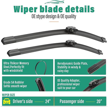 24" 20" 13" Windshield Wiper Blades Replacement for BMW X2 2018 2019 2020 2021 2022 2023 Premium All Weather Front Rear Wipers Set - OEM Quality (Pack of 3)