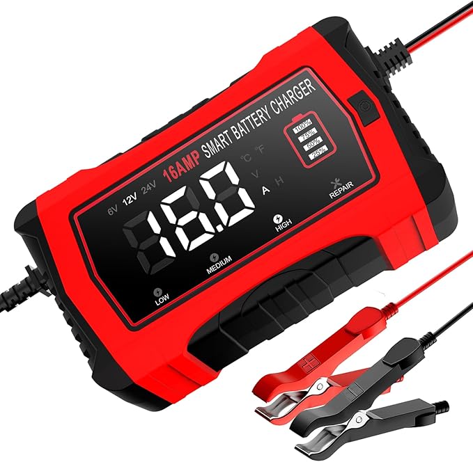 16-Amp Battery Charger, 6V/12V/24V Smart Car Battery Charger, Automotive Battery Maintainer, Trickle Charger for Car, SUV, Motorcycle, Boat, Lead-Acid, Lithium, LiFePo4 Battery