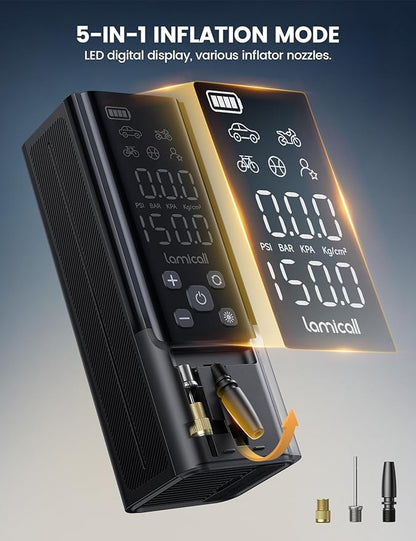 Lamicall Portable Car Tire Inflator - Air Compressor [150 PSI] [4X Faster] Cordless Car Air Pump with Rechargeable Battery, Digital Display Pressure Gauge, LED Light, for Cars, Motorcycles, Bike, Ball