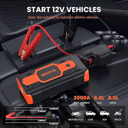 NEXPOW Car Battery Jump Starter 3000A, Portable Jumper Starter (up to 8.0L Gas/8L Diesel Engines) 12V Car Battery Booster Pack with USB Quick Charge 3.0 and 4 LED Modes Red Blue Warning