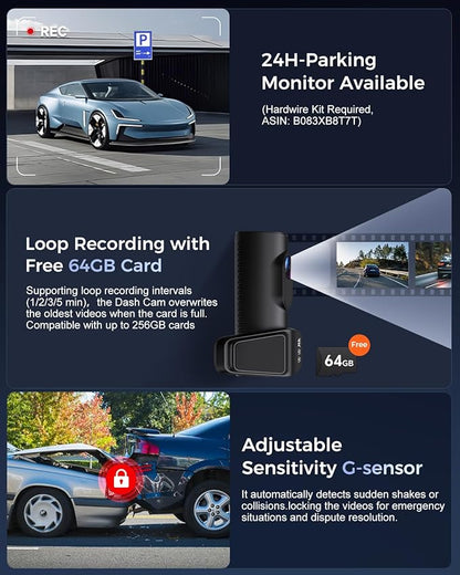 K600 4k Dash Cam Front and Rear, 3.59" IPS Screen, Built-in GPS 5G WiFi Dash Camera for Cars with App, UHD 2160P Night Vision Free 64G SD Card, 170° Wide Angle, HDR, 24H Parking Mode
