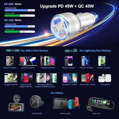 USB C Car Charger 5 Pack, Bangfun 65W 4-Port Dual 12V USB Car Charger QC+PD 3.0 Fast Charging Cigarette Lighter Adapter Plug for iPhone 16 15 14 13 12 11 Pro Max iPad,Samsung (Silver)