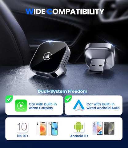 Teeran 2 in 1 Wireless CarPlay and Android Auto Adapter, Easy Setup Plug and Play, Fast Seamless Use Supports 1000+ Car's with Built-in Wired Car Play/Android Auto, Compact Sleek Design Car Adapter