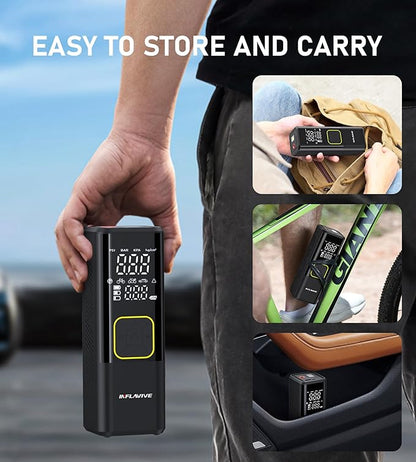 Tire Inflator Portable Air Compressor, InflaVive 3X Fast Inflate Cordless Air Pump for Car Tires with LED Light, 150PSI Portable Electric Pump with Digital Pressure Gauge, for Bike Motorcycle Car Ball