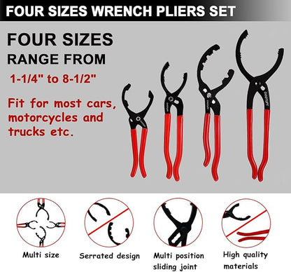 6Pcs Oil Filter Pliers Set, Universal Oil Filter Wrench with Oil Funnel, 10" & 12" & 14" & 16" Premium Oil Filter Removal Tool From 1-1/4" to 8-1/2"