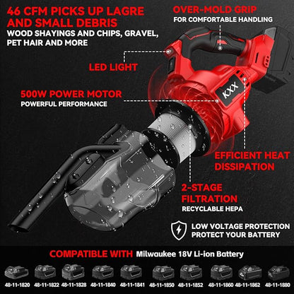 KXX Cordless Vacuum for Milwaukee M18 Battery, 5 in 1 Handheld Electric Vacuum Cleaner with 500W Powerful Motor, 46 CFM Portable Hand Vacuum with Filtration HEPA for Floor, Carpet, Car (Tool Only)