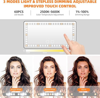 Car Sun Visor Vanity Makeup Mirror, 2 Pcs Rechargeable with 3 Light Modes & 60 LEDs - Dimmable Clip-on Rear View Sun-Shading Cosmetic Mirror, Universal for Car SUV Truck (Black)