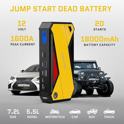 DBPOWER Peak 1600A 18000mAh Portable Car Jump Starter(up to 7.2 Gas, 5.5L Diesel Engines) Battery Booster with Smart Charging Port, LCD Display, Intelligent Jumper Clamps, Compass and LED Light