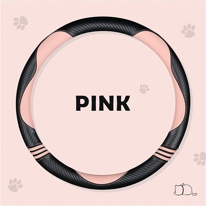 Car Steering Wheel Covers for Women Padded Carbon Fiber PU Leather Cute Auto Interior Accessories for Vehicle, Sedan, Universal, Anti Slip, Pink, Standard Size 14.5-15"(37-38cm)
