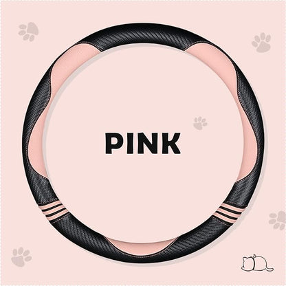Car Steering Wheel Covers for Women Padded Carbon Fiber PU Leather Cute Auto Interior Accessories for Vehicle, Sedan, Universal, Anti Slip, Pink, Standard Size 14.5-15"(37-38cm)