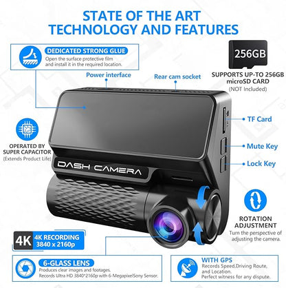 4K Dash Cam Front and Rear, 30FPS Dash Camera for Cars with UHD 2160P Night Vision, 3'' IPS Screen Dual Dashcam Built-in WiFi with GPS, App Control, 24H Parking Mode, G-Sensor