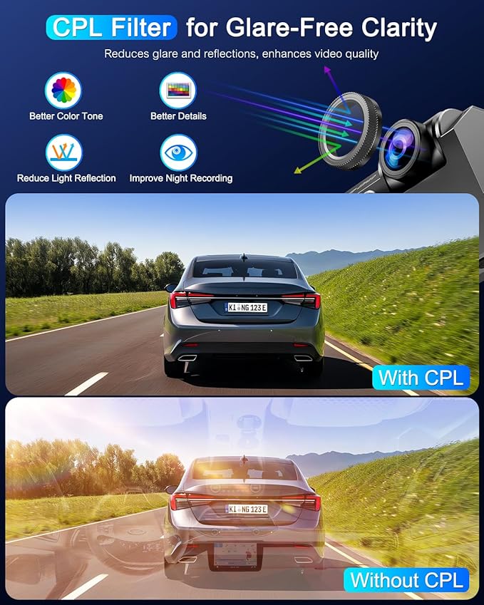 Dash Cam Front and Rear 5GHz WiFi Dashcam with CPL, 4K+1080P Dual Dash Camera for Cars, 3.69" IPS Screen Dashcam with 64GB SD Card, App Control, 24H Parking Mode, Super Night Vision, Loop Recording