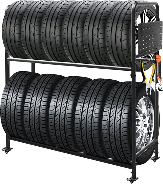 Rolling Tire Rack for Garage, Adjustable Metal Tire Rack with Foldable Heavy-Duty Hole Board, 4 Self-Locking Swivel Casters, 59” Height, 660 Pound Capacity