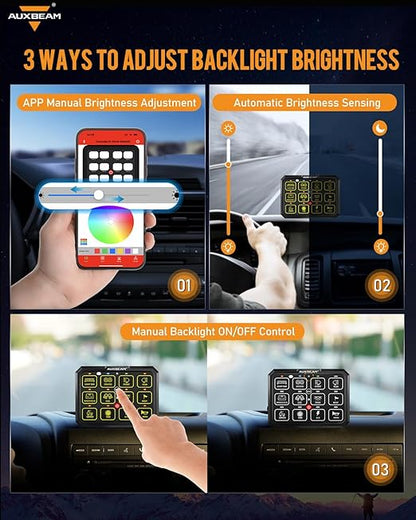 Auxbeam 12 Gang Switch Panel Bluetooth RGB AC-1200 with APP&Remote Control Toggle Momentary Pulsed Switch Pod Off Backlight for Truck Offroad UTV ATV Car Marine 12-24V Waterproof 2 Years Warranty