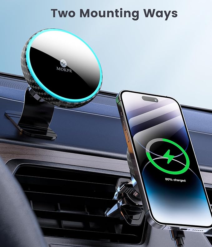 MOKPR for Magsafe Car Mount Charger-15W Wireless Car Charger-Magnetic Car Phone Holder for Dash Air Vent-LED RGB HandsFree Car Mount Fast Car Charger for iPhone 14/13/12 Series Carbon Fiber