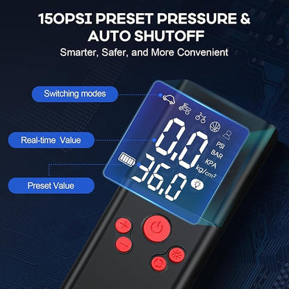 Tire Inflator Portable Air Compressor, 150PSI Cordless Portable Tire Inflator for Car, 3X Fast Smart Air Pump for Car Tires, Bike Pump, Motorcycle, Ball - Digital Pressure Gauge/LED