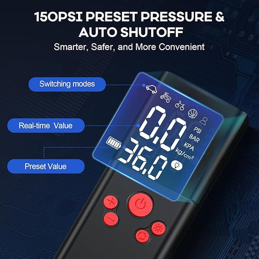 Tire Inflator Portable Air Compressor, 150PSI Cordless Portable Tire Inflator for Car, 3X Fast Smart Air Pump for Car Tires, Bike Pump, Motorcycle, Ball - Digital Pressure Gauge/LED