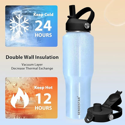 SENDESTAR 32oz Stainless Steel Water Bottle(Cold for 48 Hrs, Hot for 24 Hrs),Double Wall Vacuum Insulated Bottle with Straw Lid, Spout Lid and Flex Cap, Fit in Any Car Cup Holder TXIN-32-Laser Blue