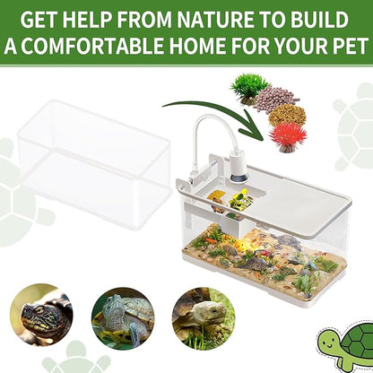 (Tank + Light + Filter + Filter Balls) Turtle Tank Kit, Turtle Tank Starter Kit,Bottom Drainage, Multi-Function Areas for Turtles, Crabs,Fishes, Amphibians,Reptiles. (15.75 x 8.64 x 8.64 Inch)