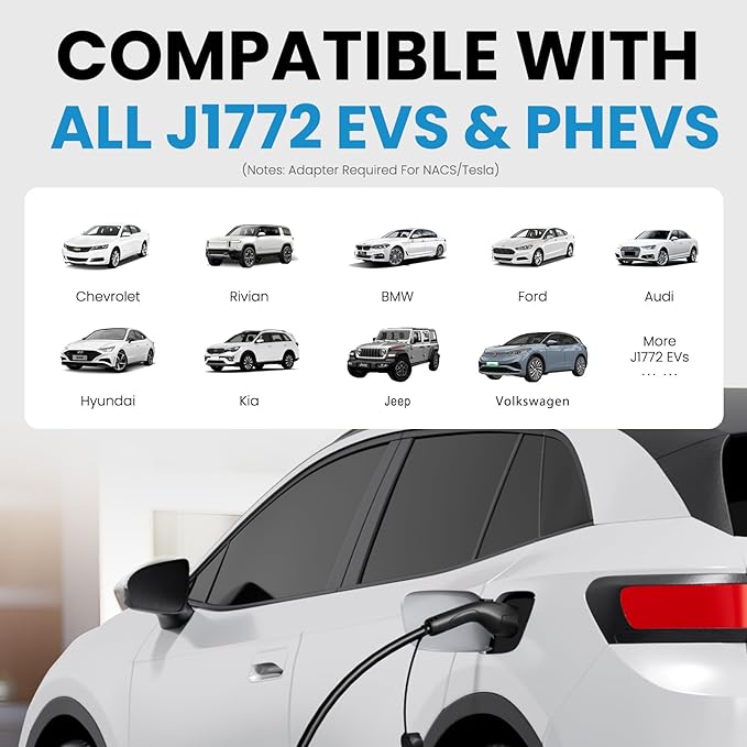Level 1&2 Portable EV Charger (APP Control & Timer), Adjustable 8-16A 110V-240V, Dual Plugs: NEMA 6-20 & 5-15, 25FT Charging Cable w/ J1772 Connector, ETL/FCC Certified for All EVs/PHEVs