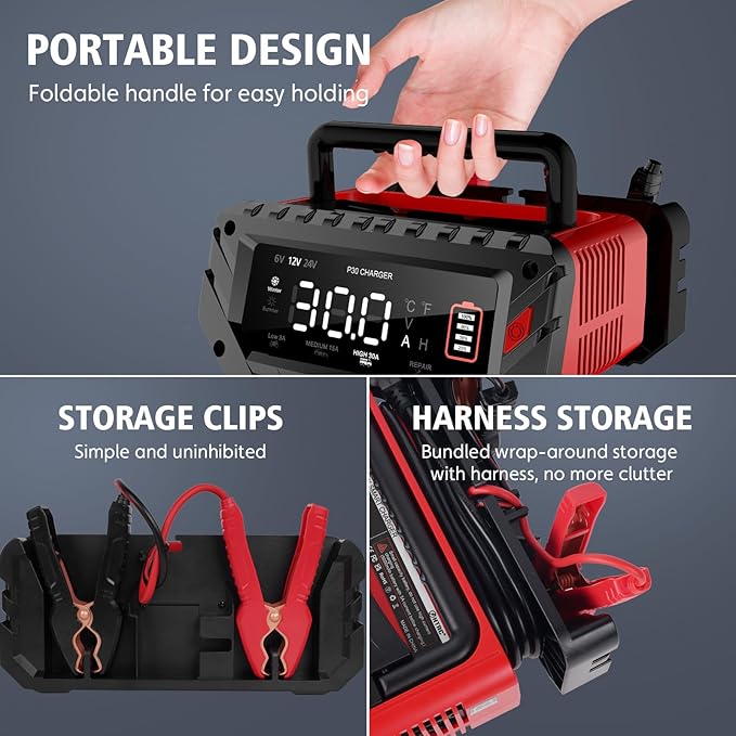 30 Amp 6V/12V/24V Smart Trickle Charger, Car Battery Charger, Lithium, Lifepo4, Lead Acid (AGM/Gel/SLA) Battery Maintainer, Desulfurizer, For: Car, Boat, Motorcycle, Lawn Mowers