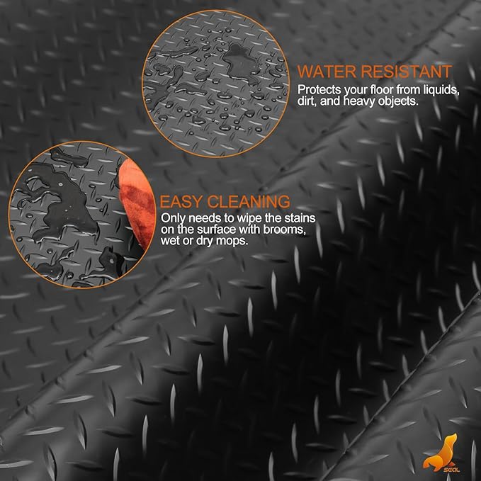 SEAL 5 x 15 Ft Premium Garage Floor Mat, Solid 2.8mm Thickened Black Commercial Grade Heavy Duty Parking Mat for Garage Floor, Golf Cart, Water/Stain Resistant Floor Runner (Embossed Diamond Plate)