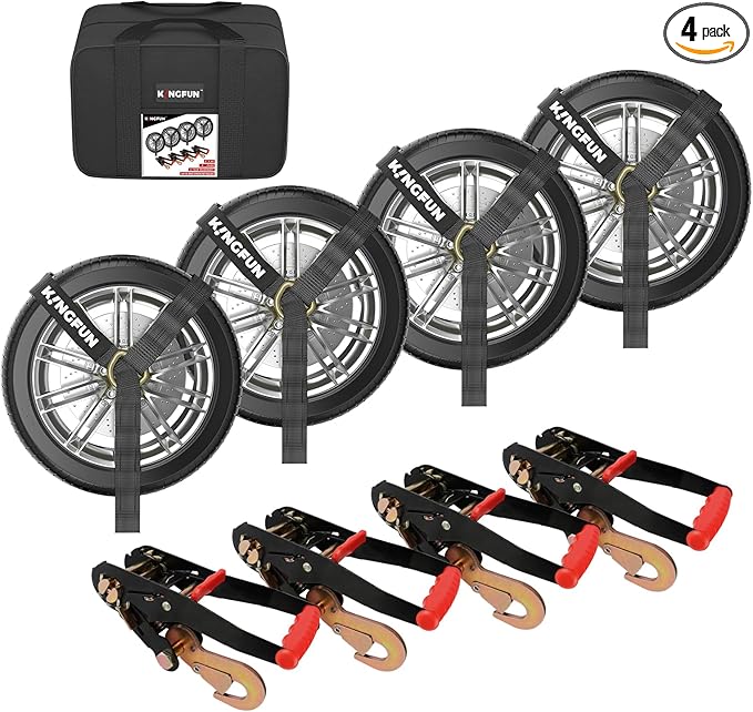 Kingfun Car Tie Down Straps for Trailers with Snap Hooks 4 Pack - 2" X 120" Tire Straps for A Car Trailer, 10,000lbs Break Strength Heavy Duty Ratchet Straps for Truck, Cars,Trailer & More