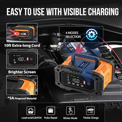 NEXPEAK NC202 10-Amp Battery Charger, 12V 24V LiFePO4 Lead Acid Portable Car Battery Charger 8-Stage Trickle Charger Smart Battery Maintainer w/Temp Compensation for Car Truck Motorcycle Lawn Mower