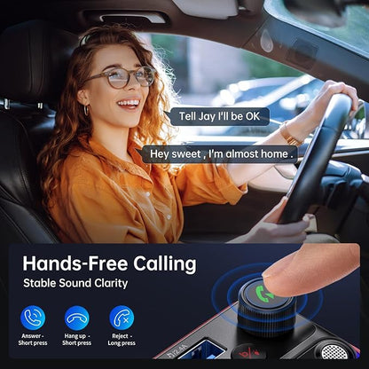 Syncwire Bluetooth 5.4 FM Transmitter Car Adapter 42W [Light Switch] [Stronger Dual Mics] [HiFi Deep Bass] [Fast Charging] Wireless FM Radio Music Adapter Hands-Free Calling Support USB Drive, Red
