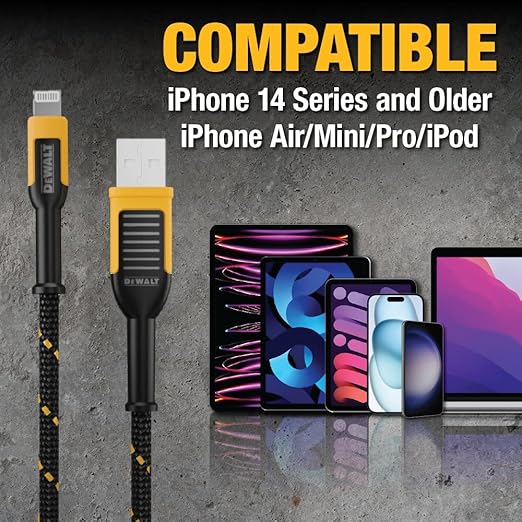 DEWALT Heavy Duty USB A to Lightning Cable [Apple MFi Certified] Durable iPhone Charger, Lightning Cables, Fast Charging iPhone Charger Cord Compatible w/iPhones 14/13/12/11 Pro Max iPad AirPods, 6FT