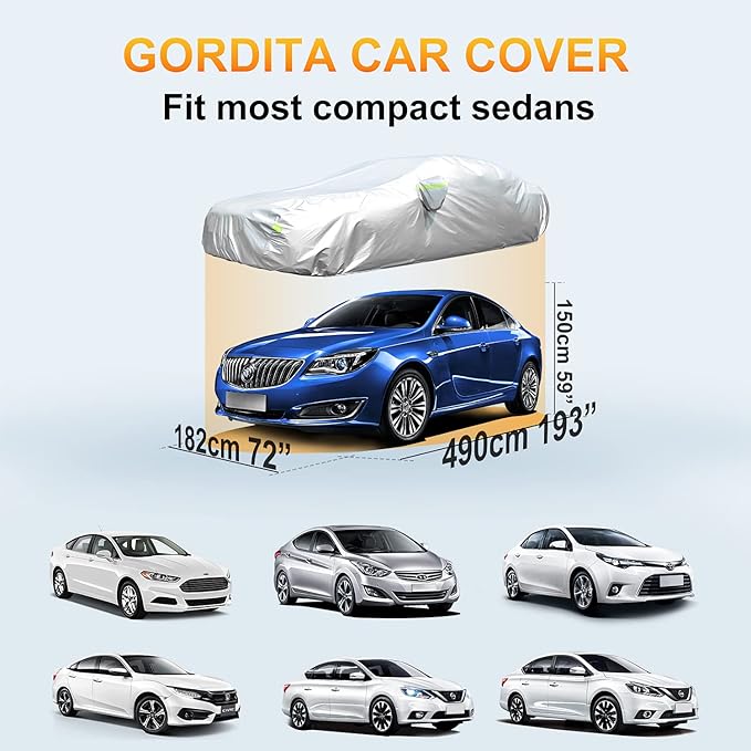 Car Cover, GORDITA Car Covers Waterproof All Weather Snowproof Windproof Scratch Resistant Outdoor UV Protection with 6 Reflective Strips, Size 3XL Universal Fit for Sedan (Up to 193")