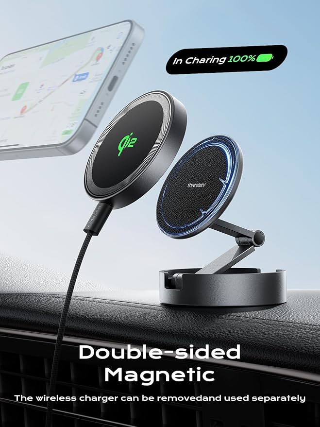 THREEKEY for MagSafe Car Mount Charger, Qi2 Wireless Car Charger, Retractable Car Phone Holder with Long Arm & 360°Rotation, Magnetic Car Mount for iPhone16-12Series & Galaxy S25 Ultra (TZH101 Bronze)