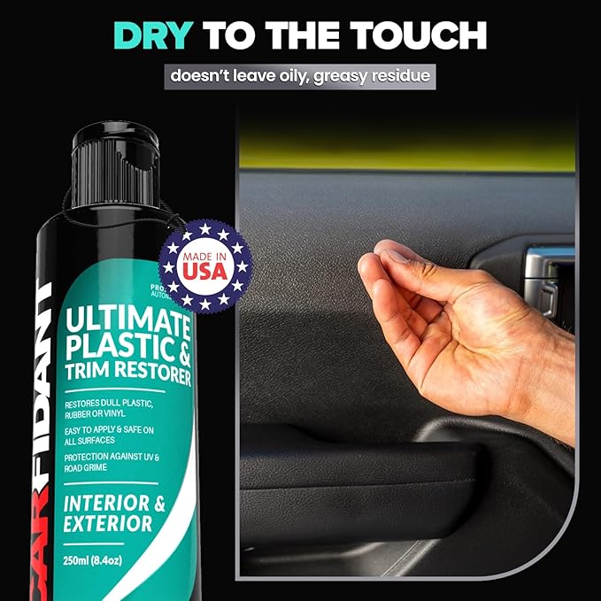 Carfidant Plastic Restorer for Cars – Refreshes Faded Plastic, Vinyl & Rubber Trim with Polish for Deep Shine – Protects Against UV & Dirt – Black Exterior & Interior Care for Detailing - 16 fl. Oz.