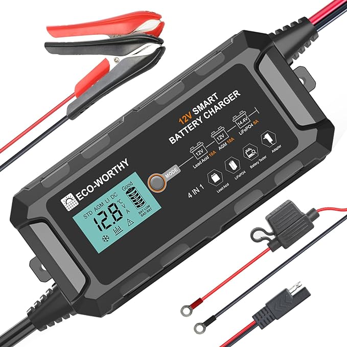 ECO-WORTHY 10A Lifepo4 Battery Charger 12V, Smart Car Battery Charger Automotive Battery Maintainer, Trickle Charger and Desulfator for Lead Acid Motorcycle Marine Boat