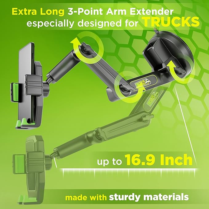 Phone Mount for Truck Phone Holder for Truck - Heavy Duty Super Suction Cup, Mobile Device Holder Dashboard Window 16.9 inch Long Arm & Stable, iPhone & Samsung Compatible, Semi Trucker, Green