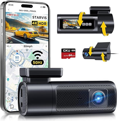 GKU Dash Cam Front and Rear, 4K 60fps＋2.5K Dashcam,STARVIS Sensor, HDR, 5G WiFi GPS, 24H Parking Mode, Night Vision, 170°Wide Angle, Dash Camera for Cars with 1.47 Display, 64G SDcard (Black)