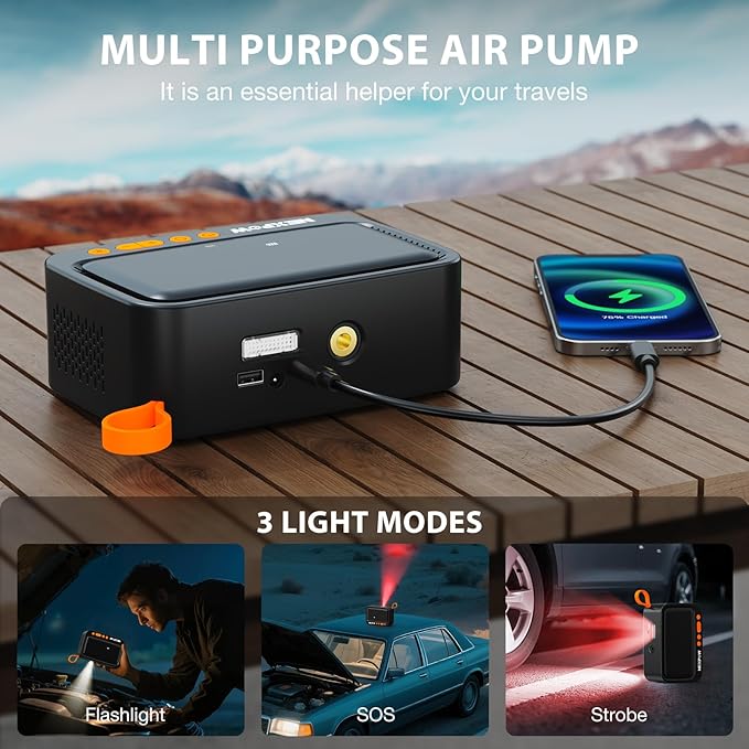 NEXPOW Tire Inflator Portable Air Compressor, 150 PSI Cordless Air Pump for Car Tires with Digital Pressure Gauge & Auto Shut-Off, Air Compressor Portable for Car, Motorcycle, Bicycle, Balls, Orange