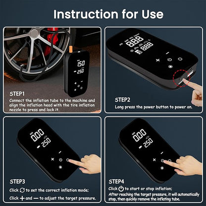 Tire Inflator Portable Air Compressor, 6X Faster 150 PSI 12000mAh Battery Air Compressor, Dual Digital Display Air Pump with Lighting - Portable Tire Inflator for Car, Bicycle, Auto Shut-Off