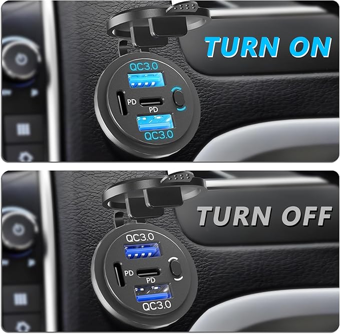 Dual PD USB C Ports & Dual USB Quick Charge 3.0 Ports 12V USB Outlet with Switch, VANONE Waterproof and Dustproof Car Charger Socket, Accessories for Car Boat Marine Motorcycle RV ATV Golf Cart, etc
