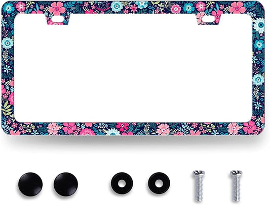 Colorful Flowers License Plate Frame Beautiful Floral Flower License Plate Holder for Women Car Decorative Stainless Steel Cute License Plate Flowers Auto Parts with Screws 12.2"x 6.2"